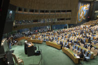 Iranian President Hassan Rouhani addresses the 73rd session of the United Nations General Assembly, Tuesday, Sept. 25, 2018 at U.N. headquarters. (AP Photo/Mary Altaffer)