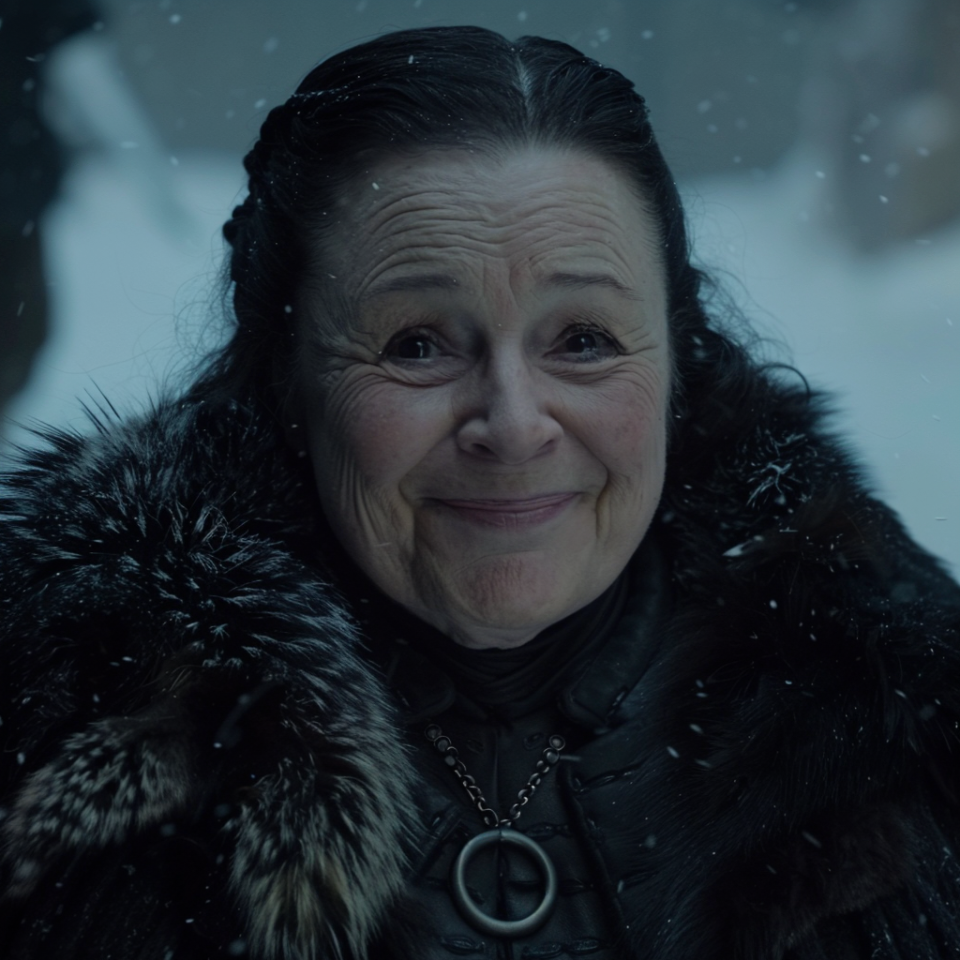 Close-up of Older Lyanna Mormont from Game of Thrones, wearing fur and a distinctive necklace. Snowflakes fall around her