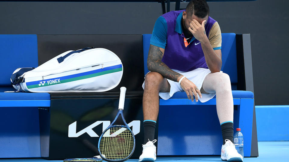 Nick Kyrgios, pictured here visibly frustrated throughout the match.