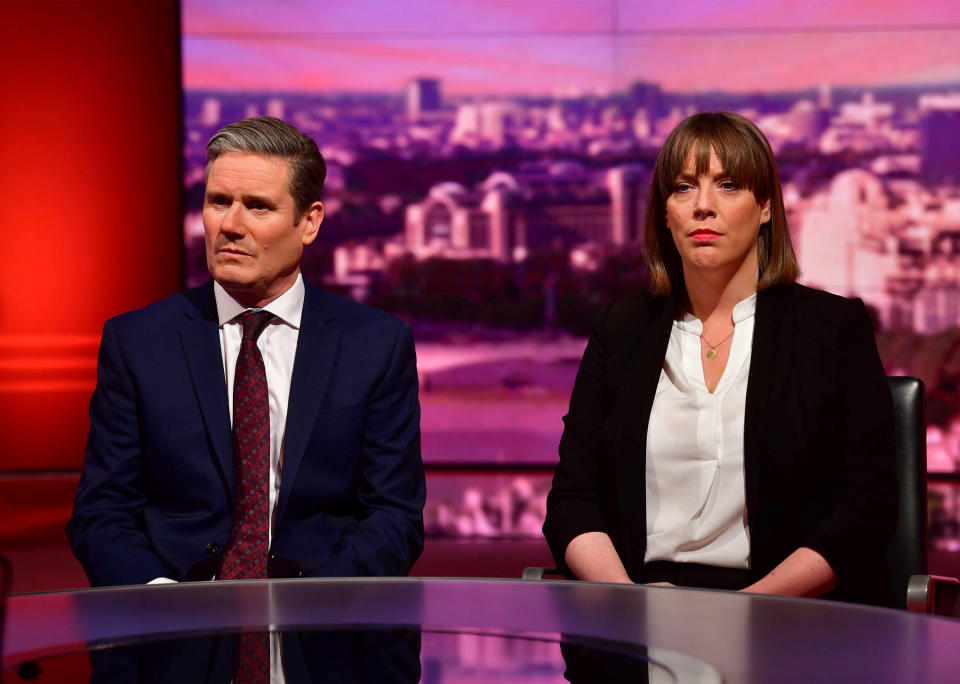 Britain's Labour MP Jess Phillips and opposition Labour Party Shadow Brexit Secretary Keir Starmer appear on BBC TV's The Andrew Marr Show in London, Britain January 5, 2020. Jeff Overs/BBC/Handout via REUTERS ATTENTION EDITORS - THIS IMAGE HAS BEEN SUPPLIED BY A THIRD PARTY. NO RESALES. NO ARCHIVES. NOT FOR USE MORE THAN 21 DAYS AFTER ISSUE.