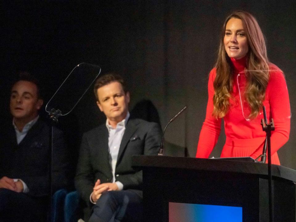 The Duchess of Cambridge delivers the keynote speech, watched by television presenters Ant McPartlin and Declan Donnelly, at the launch of the Forward Trust’s Taking Action on Addiction campaign at BAFTA, London (PA)