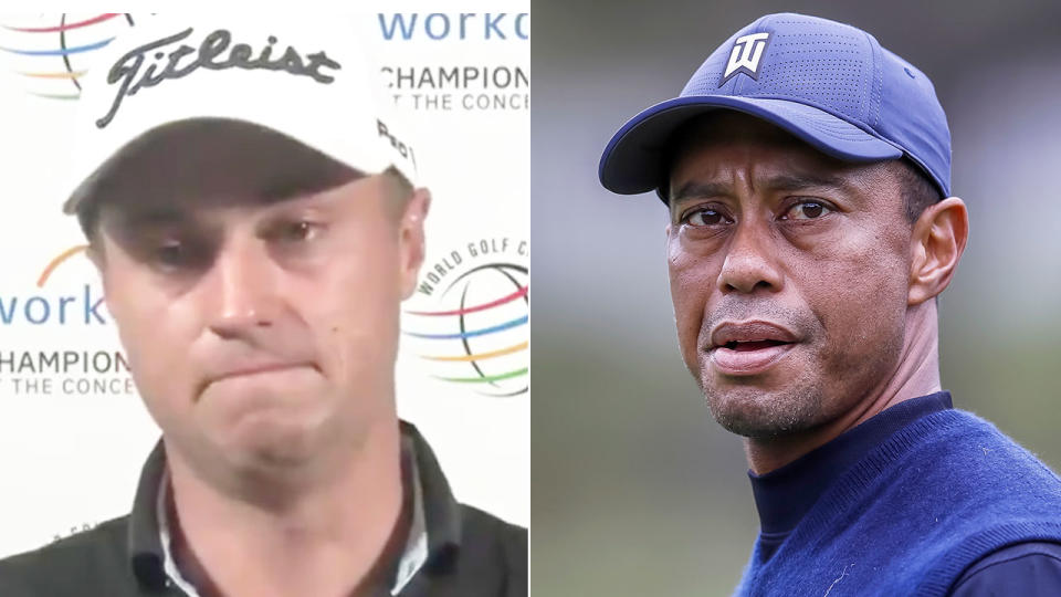 Justin Thomas fought back tears discussing the car crash involving his good friend Tiger Woods. Pic: AAP