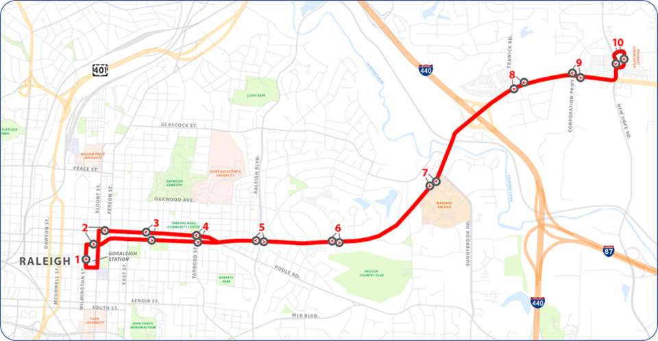 The planned bus rapid transit line on New Bern Avenue will run about 5.5 miles between downtown Raleigh and a new park-and-ride site off New Hope Road.