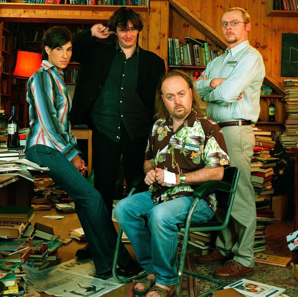 Dylan Moran in Black Books with (from left) Tamsin Grieg, Bill Bailey and Simon Pegg - Channel 4