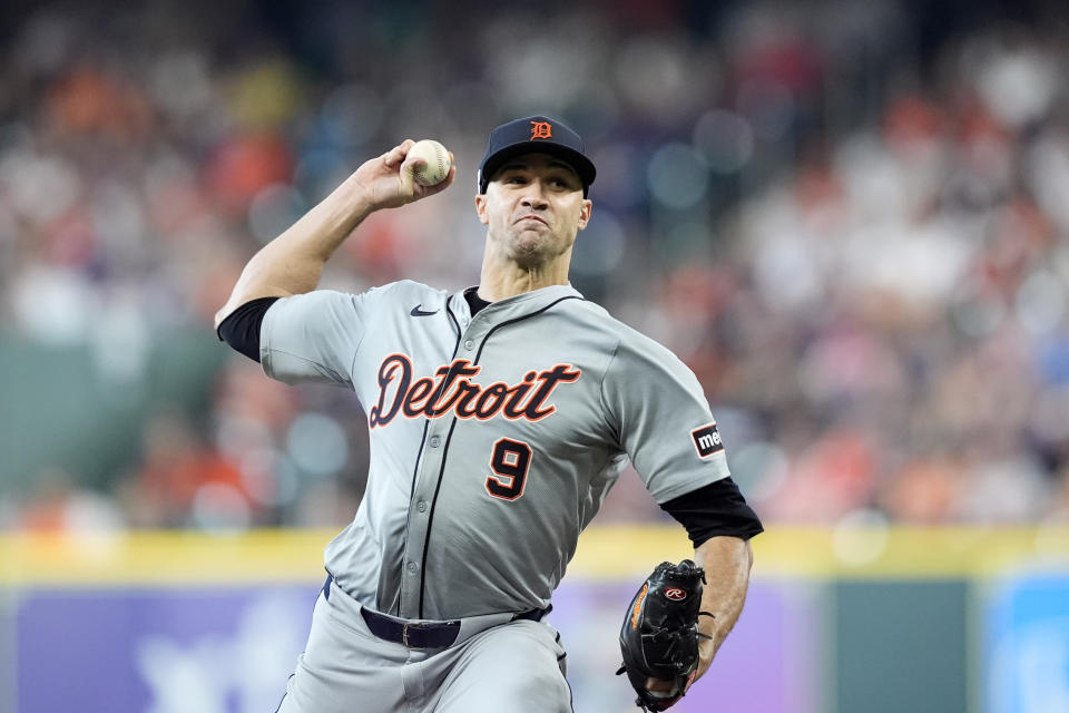 Detroit Tigers starting pitcher Jack Flaherty throws against the Houston Astros during the first inning of a baseball game Saturday, June 15, 2024, in Houston. (AP Photo/David J. Phillip)