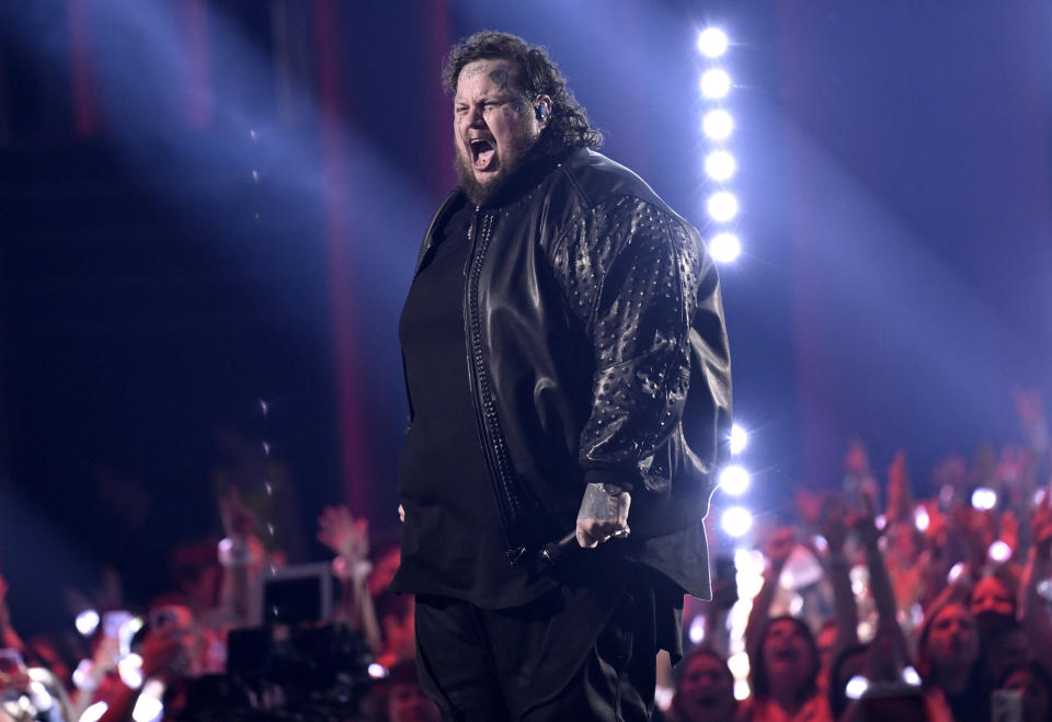 Jelly Roll performs "Need A Favor" at the CMT Music Awards on Sunday, April 2, 2023, at the Moody Center in Austin, Texas. (Photo by Evan Agostini/Invision/AP)