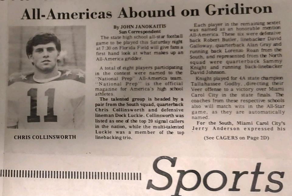 In this 1977 article in the Gainesville Sun written by UF journalism student John Janokaitis, editors changed the spelling of Cris Collinsworth's first name to "Chris" in the story while also running the wrong photo of him with the incorrect spelling under the photo.