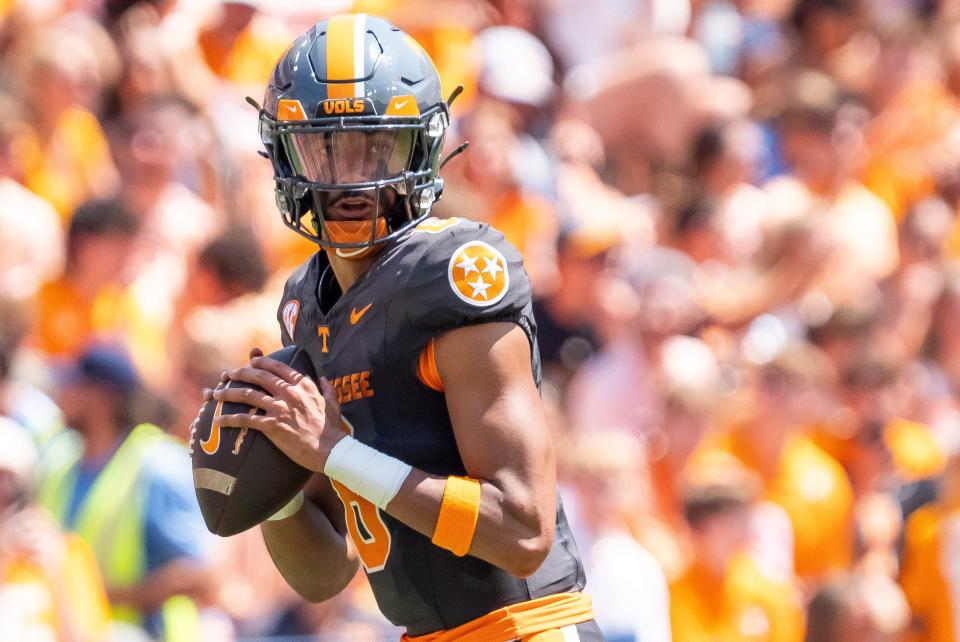 Tennessee quarterback Nico Iamaleava (8) during Tennessee's game against Chattanooga in Neyland Stadium in Knoxville on Saturday, Aug. 31, 2024.