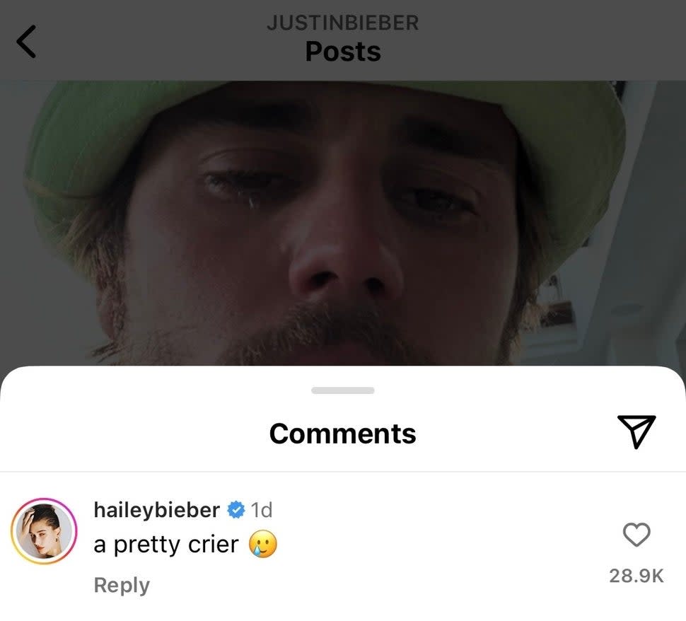 Hailey Bieber Justin Bieber IG Comment