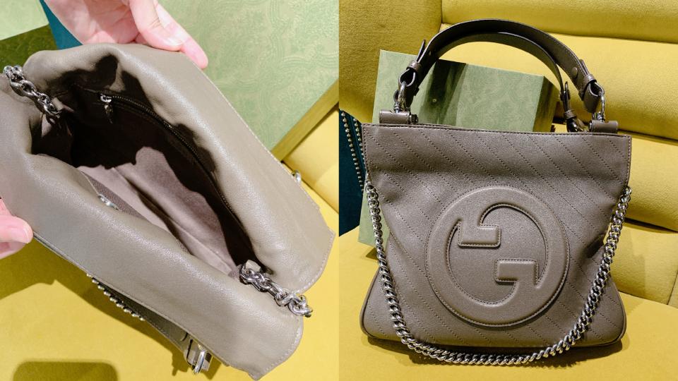 GUCCI秋冬話題精品包：褐綠色BLONDIE小型手提包，NT$119,800！圖片來源：編輯拍攝