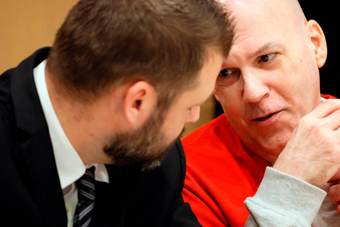 Howard Steven Ault speaks with defense attorney Joe Kimok after the jury recommended the death penalty in Ault’s double murder trial at the Broward County Courthouse in Fort Lauderdale on Thursday, Feb. 22, 2024. Ault was convicted in 1999 of the 1996 murders of DeAnn Emerald Mu’min, 11, and Alicia Sybilla Jones, 7. The same jury later recommended his execution but Ault was granted a new penalty phase after the Supreme Court struck down Florida’s death penalty process as unconstitutional in 2016. (Amy Beth Bennett / South Florida Sun Sentinel)