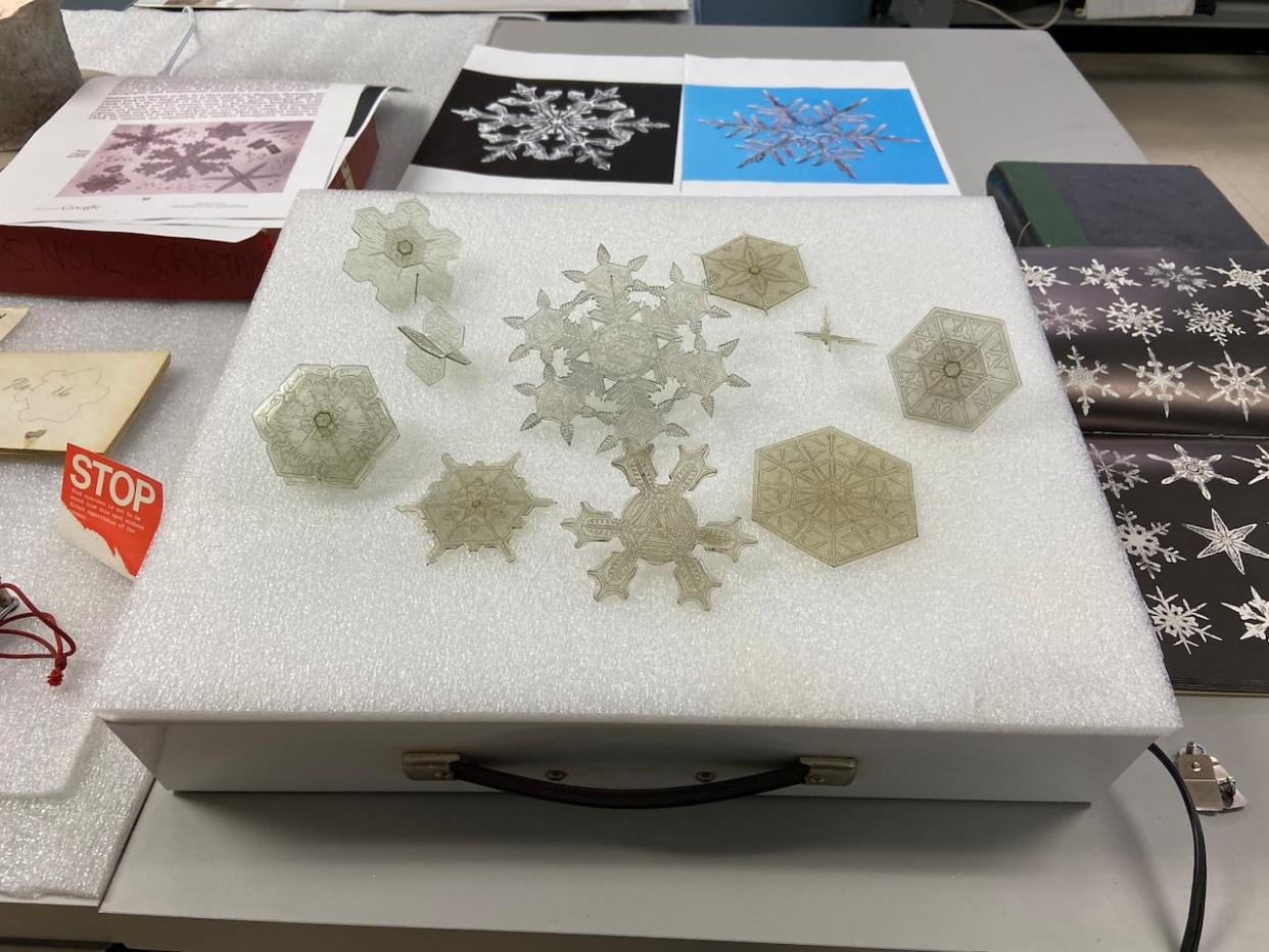 These snow crystal models were recently discovered in the geology collection at the Nova Scotia Museum of Natural History. They were traced to the Cranbrook Institute of Science in Michigan which documented making snow crystal models in the 1940s and promoted them as the first ever created.  (Erin MacInnis/CBC - image credit)