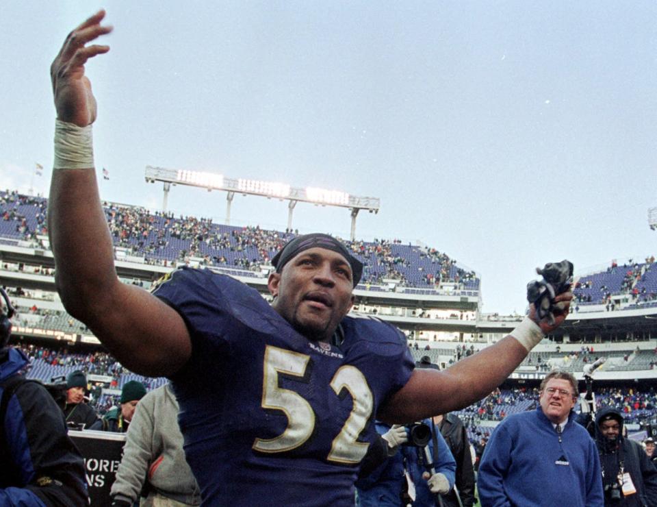 Former Baltimore linebacker Ray Lewis is one of the Ravens' legends of the game on Sunday, along with former Ravens safety Ed Reed.