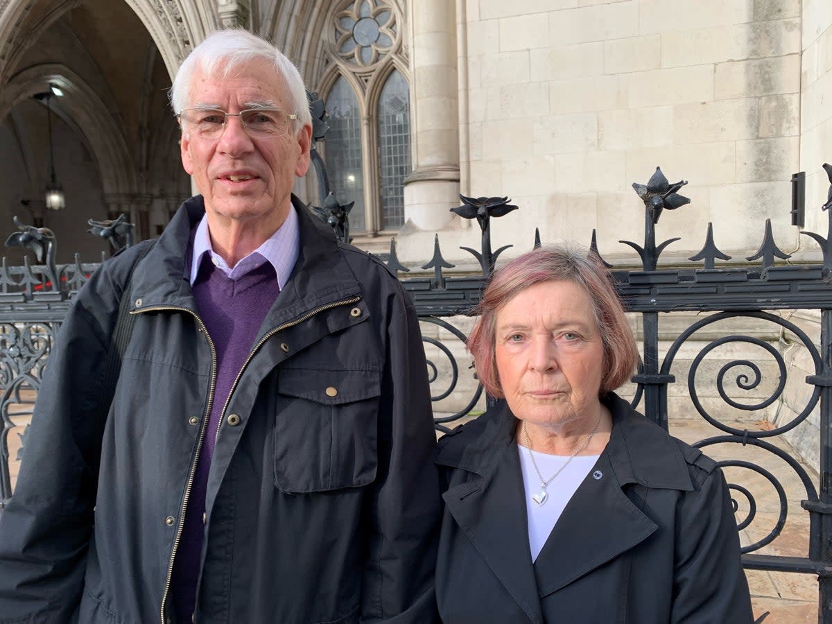 Andy and Angela Mays, aged 69 and 70 respectively, from Hull, outside The Royal Courts of Justice where today they secured a fresh inquest into the death of their 22-year-old daughter Sally Mays (Tom Pilgrim/PA) (PA Archive)