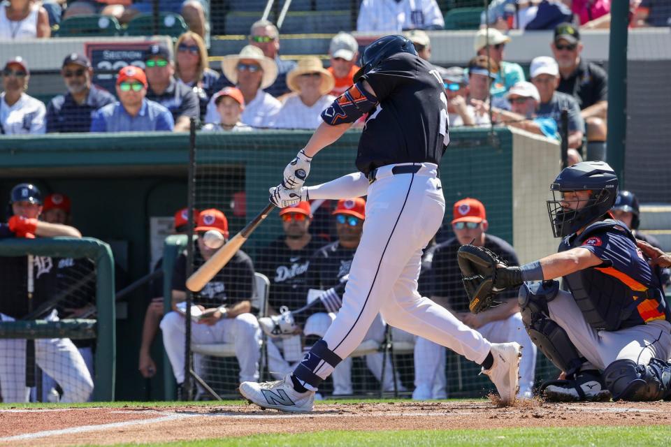Detroit Tigers first baseman Spencer Torkelson bats during the first inning against the Houston Astros at Publix Field at Joker Marchant Stadium on Monday, Feb. 26, 2024, in Lakeland, Florida.