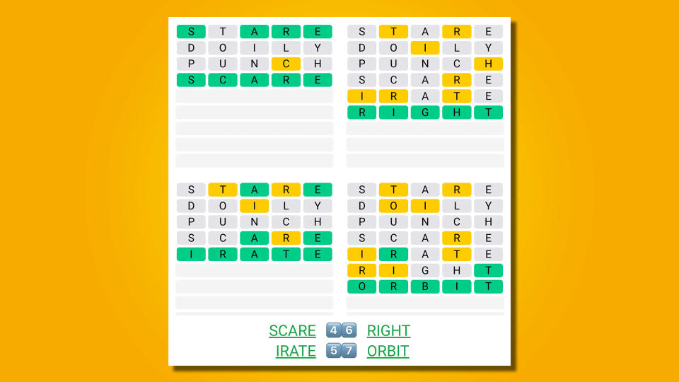 Quordle answers for game 518 on a yellow background