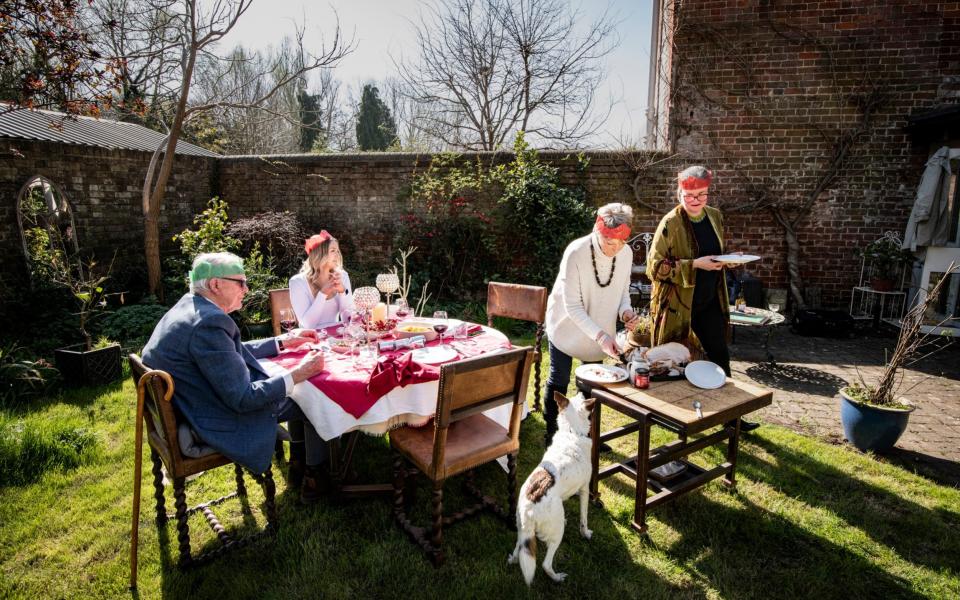 In the village of Sudbury in Suffolk, Phyllida Hallidie, 48 Zara Hallidie, 60 Nick Hallidie, 85 Olivia Morris, 29 are finally celebrating the Christmas day they couldn't have, at Easter. - Simon Townsley 