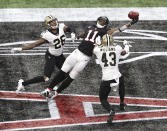 Atlanta Falcons wide receiver Julio Jones can't haul in the fourth-down pass attempt in the end zone as the ball goes off his fingertips with New Orleans Saints cornerback P.J. Williams, left, and safety Marcus Williams, right, defending during the 4th quarter in an NFL football game on Sunday, Dec. 6, 2020, in Atlanta. (Curtis Compton/Atlanta Journal-Constitution via AP)