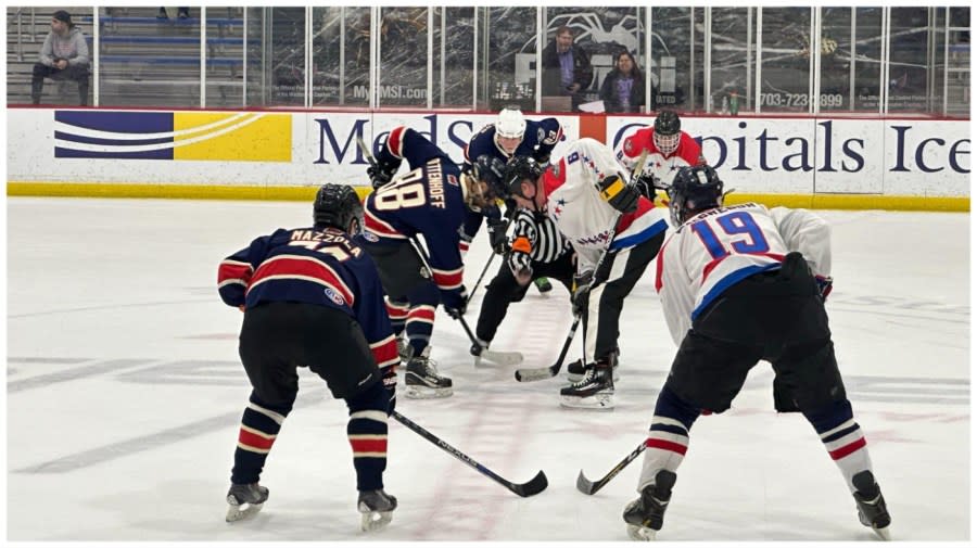 House Majority Whip Tom Emmer (R-Minn.) faces off with lobbyist Patrick Ottenhoff for possession at MedStar Capital Iceplex in Arlington, Virginia on Tuesday, March 12, 2024.