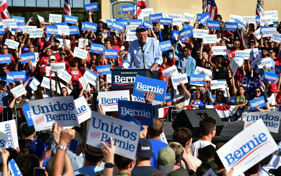 Democratic presidential hopeful Bernie Sanders speaks to supporters during a campaign rally in Los Angeles, California on November 16, 2019. (Frederic J. Brown / AFP  via Getty Images)