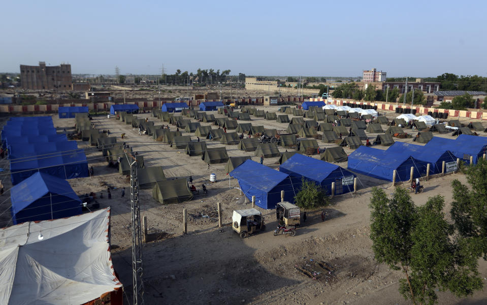 Temporary tent housing for flood victims is organized by the Chinese government, in Sukkur, Pakistan, Wednesday, Sept. 7, 2022. (AP Photo/Fareed Khan)