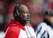 Maryland head coach Mike Locksley watches during the first half of an NCAA football game against Rutgers, Saturday, Nov. 27, 2021, in Piscataway, N.J. (AP Photo/Noah K. Murray)