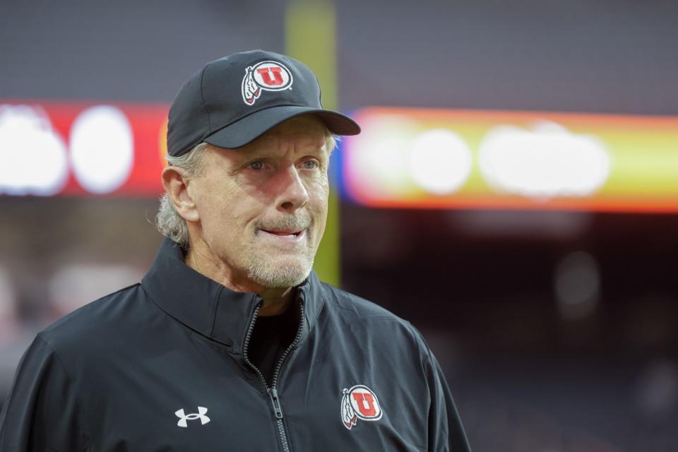 Utah Utes head coach Kyle Whittingham walks onto the field before playing USC Trojans for the Pac-12 Championship at the Allegiant Stadium in Las Vegas on Friday, Dec. 2, 2022.