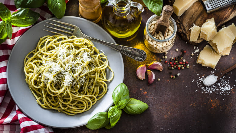Pasta surrounded by ingredients