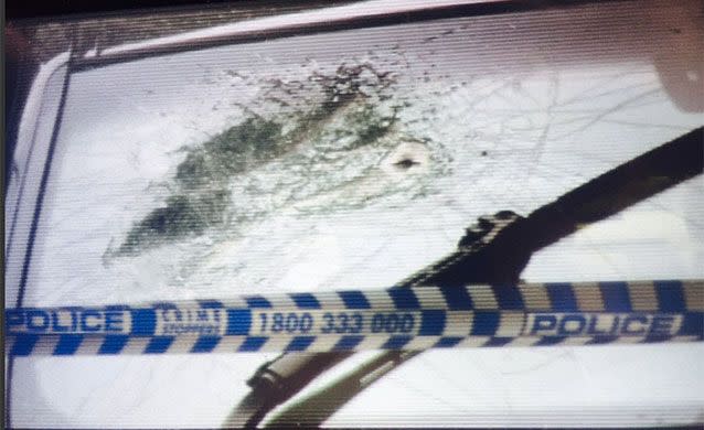 Bullet holes were seen in the shattered front windscreen. Picture: 7 News