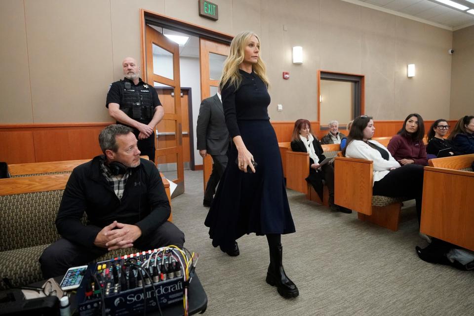 March 24, 2023: Actress Gwyneth Paltrow enters the courtroom for her trial, in Park City, Utah. Terry Sanderson is suing actress Gwyneth Paltrow for $300,000, claiming she recklessly crashed into him while the two were skiing on a beginner run at Deer Valley Resort in Park City, Utah in 2016.