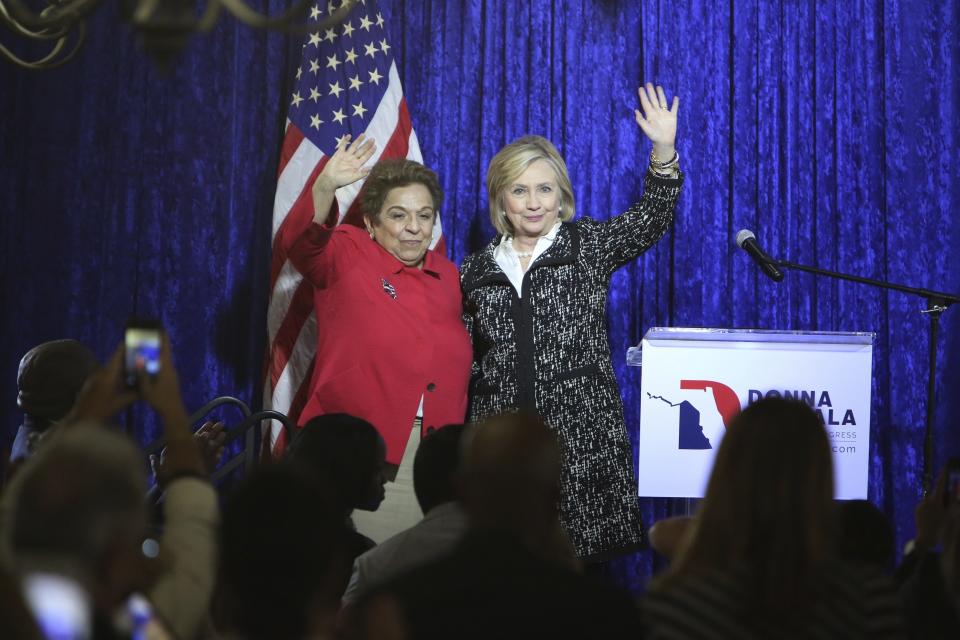 Former Secretary of State Hillary Clinton joins Shalala during a campaign stop at the Coral Gables Woman’s Club on Oct. 24, 2018. (Photo: Emily Michot/Miami Herald via AP)