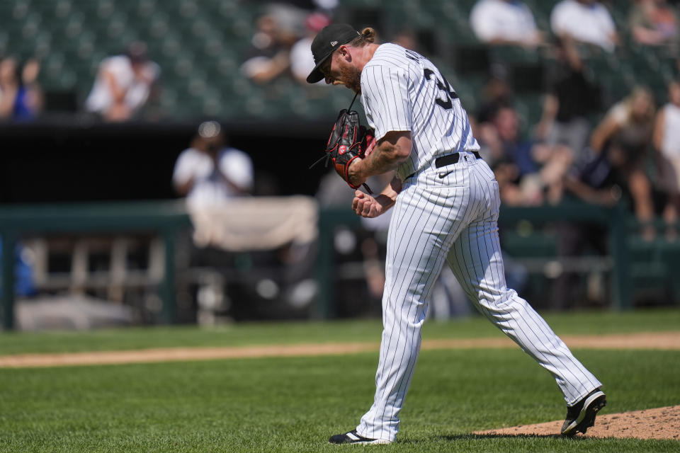 Chicago White Sox pitcher Michael Kopech reacts after striking out Minnesota Twins' Max Kepler to end the first baseball game of a doubleheader, Wednesday, July 10, 2024, in Chicago. (AP Photo/Erin Hooley)