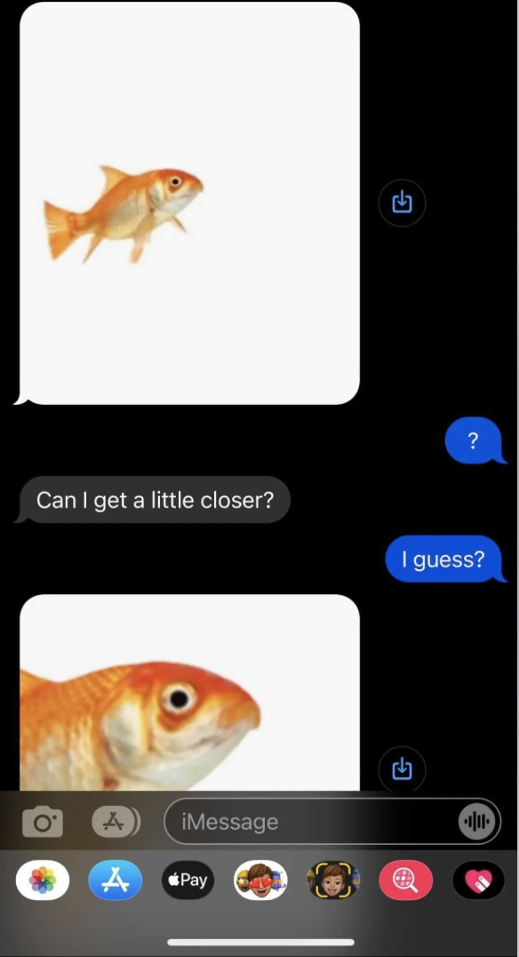 An iMessage conversation about a goldfish is shown. First image shows a full goldfish, second image shows a close-up of the goldfish's face. Text: "Can I get a little closer?" "I guess?"