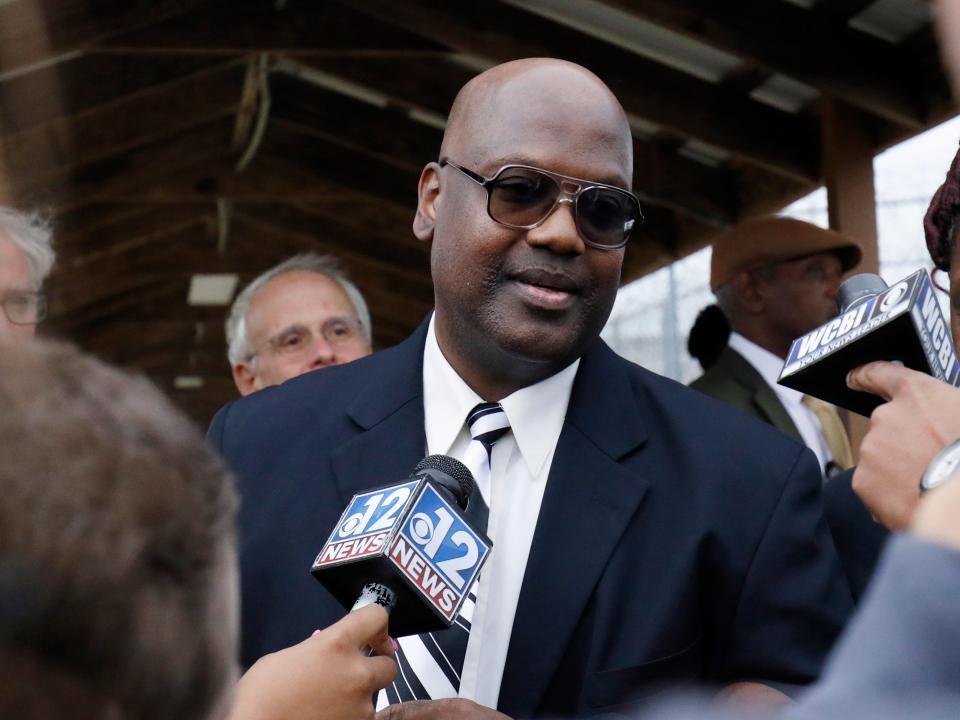 In this Dec. 16, 2019 file photo, Curtis Flowers speaks with reporters as he exits the Winston-Choctaw Regional Correctional Facility in Louisville, Mississippi.