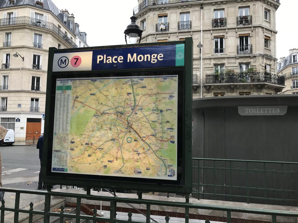 The metro stop in Paris that takes you directly to the Marché Monge farmers market. (Photo: Alexandra Mondalek)