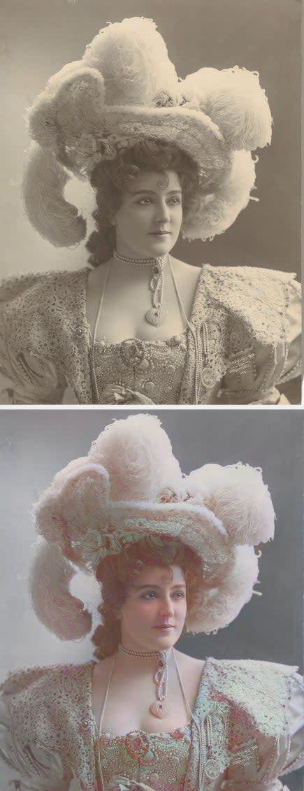 Lillian Russell in a period costume with an elaborate hat adorned with large feathers, intricate jewelry, and a detailed gown featuring embroidery and embellishments