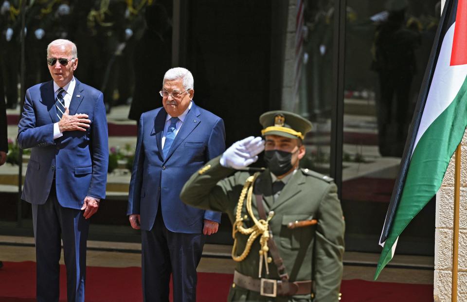 President Joe Biden is received by Palestinian president Mahmud Abbas during a welcome ceremony at the Palestinian Muqataa Presidential Compound in the city of Bethlehem (AFP via Getty Images)