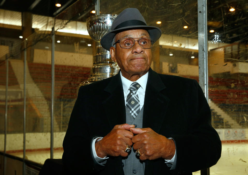 NHL Diversity Ambassador Willie O'Ree speaks to guests and attendees at the Willie O'Ree Skills Weekend