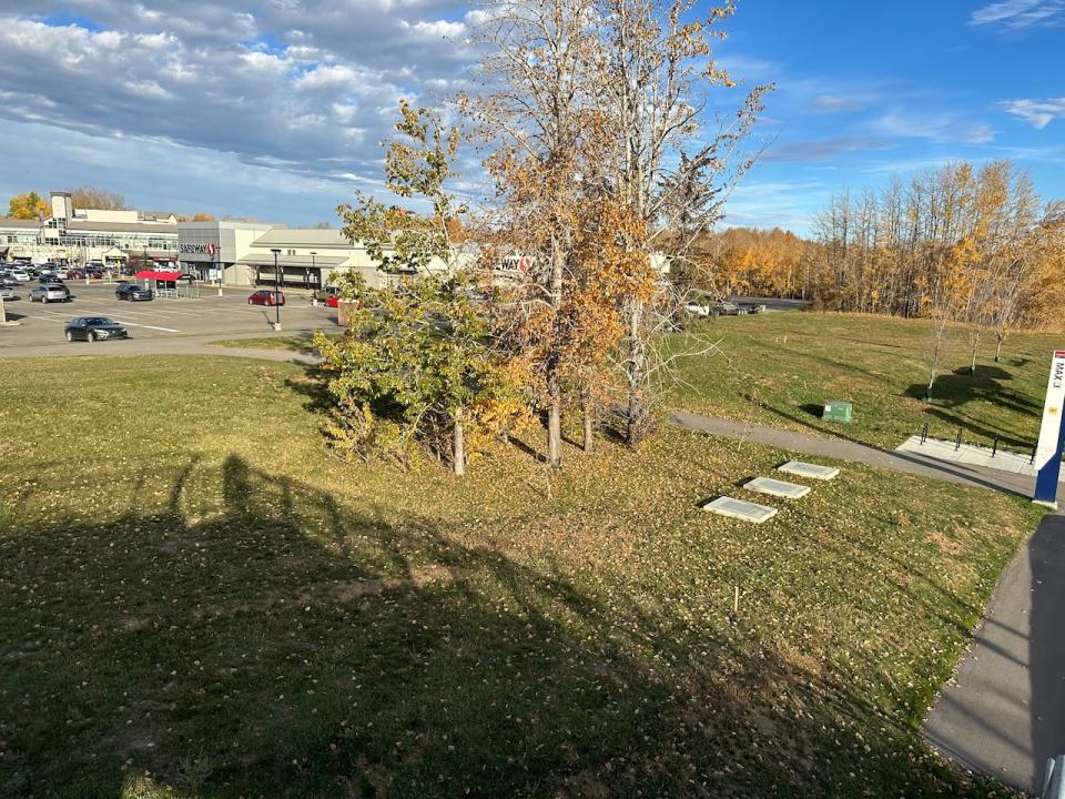 This park space at Glenmore Landing could one day be the site of residential buildings. (Mike Symington/CBC - image credit)