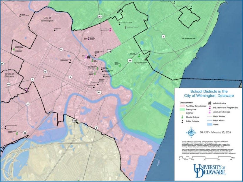 Any formal recommendation remains to be finalized, but Redding Consortium membership has been considering a modified “River Plan” proposal for redistricting Wilmington schools — seen here on an early map recommending all city students be served by Brandywine (green) and Red Clay (pink), while seeing Christina and Colonial removed from city limits. In initial drafts, Red Clay would keep Warner Elementary and Shortlidge Academy, while it and Brandywine would expand current boundaries to absorb portions of other districts.