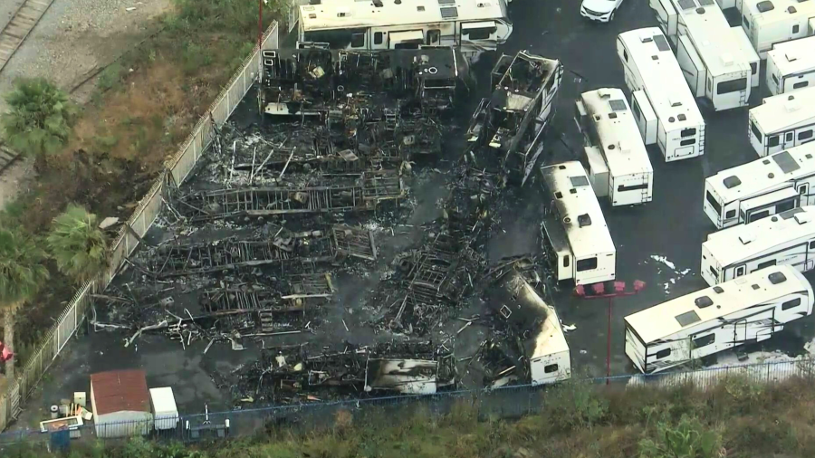 More than a dozen RVs were destroyed in a fire at a dealership in Santa Fe Springs on May 9, 2024.