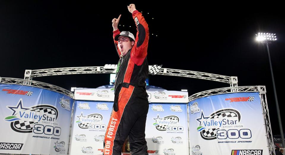 Landon Pembleton celebrates after winning the ValleyStar Credit Union 300, a Late Model Stock Car race, Saturday, Sept. 25, 2021, at Martinsville Speedway in Ridgeway, Va. © Copyright 2021 Veasey Conway, All Rights Reserved