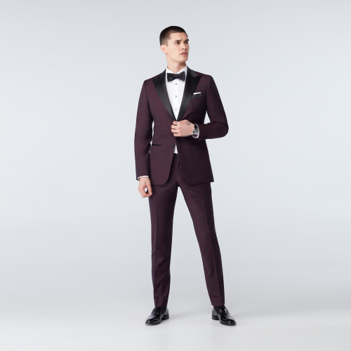 Man wearing burgundy Indochino tuxedo