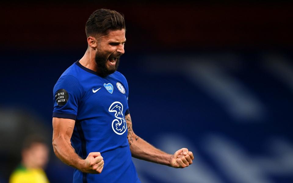 Olivier Giroud of Chelsea celebrates after scoring his sides first goal during the Premier League match between Chelsea FC and Norwich City at Stamford Bridge on July 14, 2020 in London, England - Frank Lampard hails 'big character' Olivier Giroud after Frenchman bags winner against Norwich - GETTY IMAGES