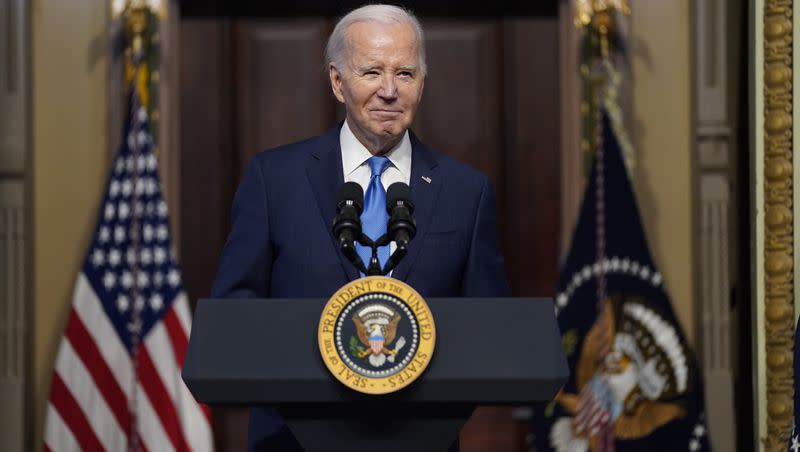 President Joe Biden speaks during a meeting of the National Infrastructure Advisory Council in the Indian Treaty Room on the White House campus on Wednesday, Dec. 13, 2023, in Washington.