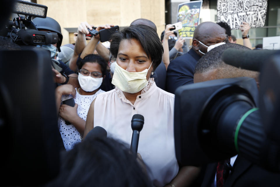 District of Columbia Mayor Muriel Bowser speaks to the media as demonstrators gather to protest the death of George Floyd, Wednesday, June 3, 2020, near the White House in Washington. Floyd died after being restrained by Minneapolis police officers. (AP Photo/Alex Brandon)