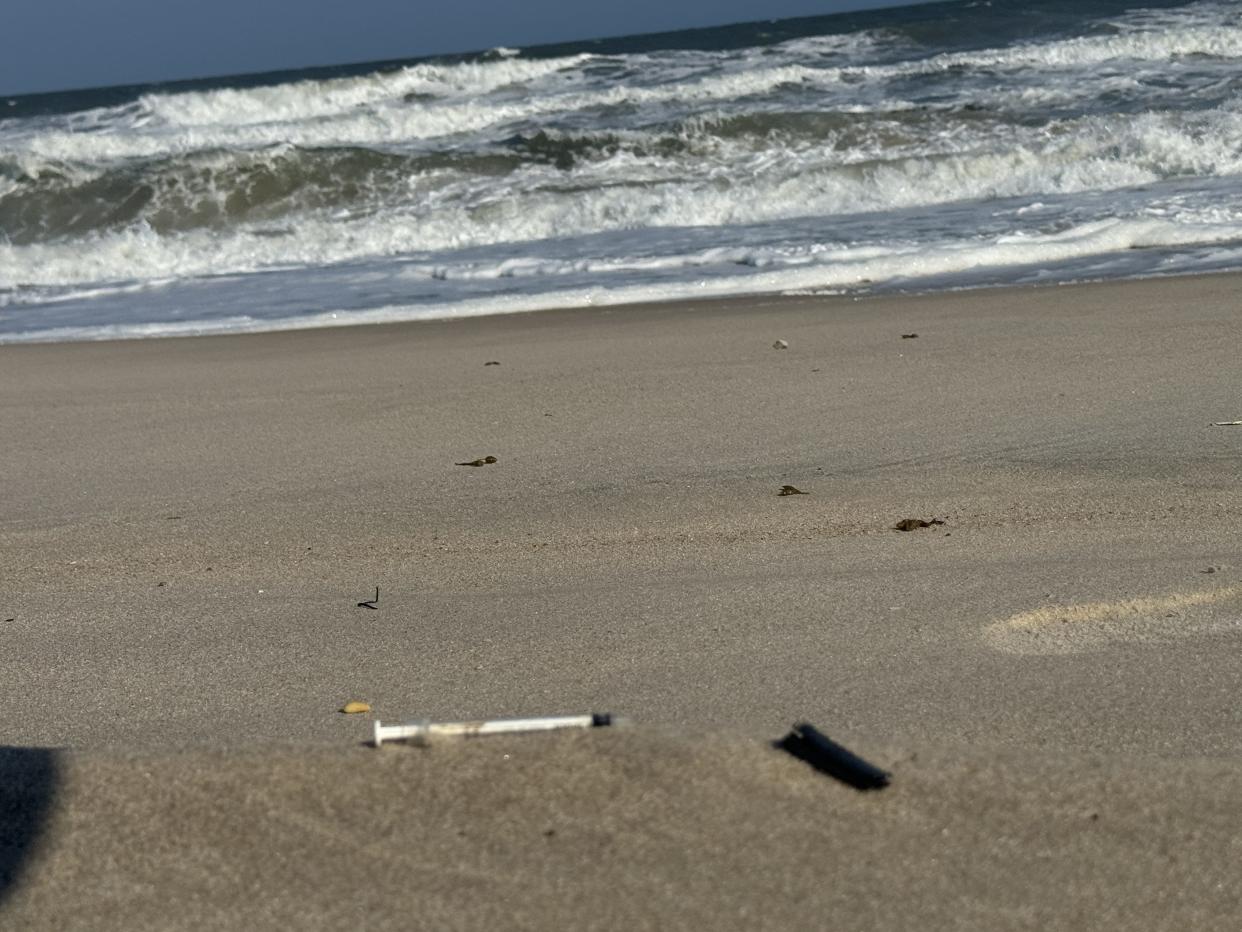 A syringe found on the beach Sunday, Sept. 15, 2024, at Assateague State Park.