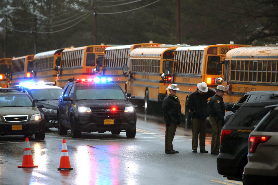 <p>School buses are lined up in front of Great Mills High School after a shooting on March 20, 2018 in Great Mills, Md. (Photo: Mark Wilson/Getty Images) </p>