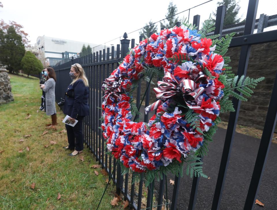 A wreath is laid during Veterans Day Ceremony a Mount Moor Cemetery in West Nyack on Wednesday, November 11, 2020.  