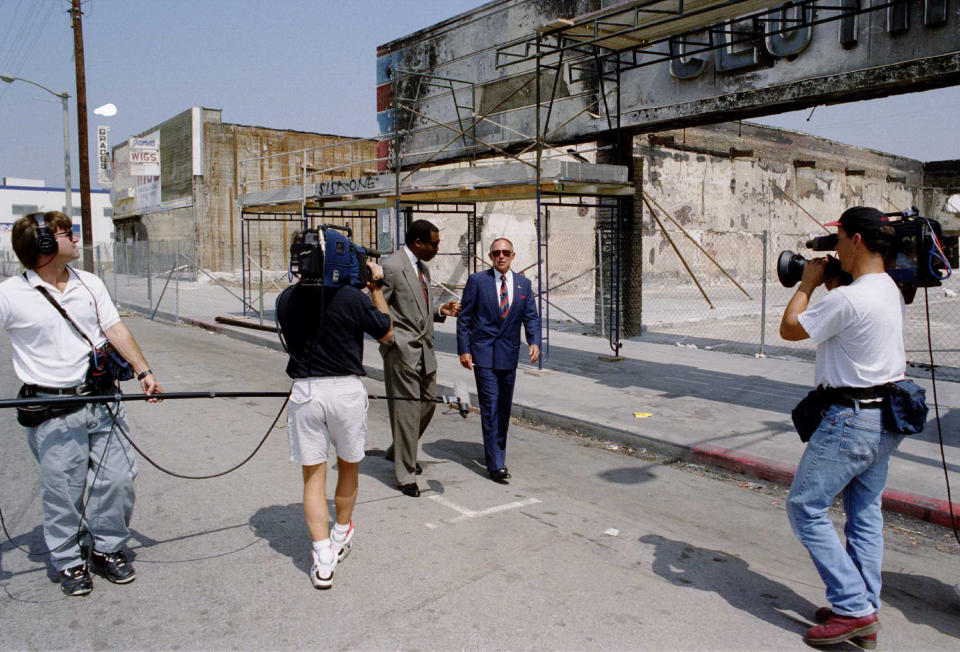 Daryl Gates, the former police chief, during an interview with a television station close to the scene where the riots began.<span class="copyright">Paul Harris—Getty Images</span>